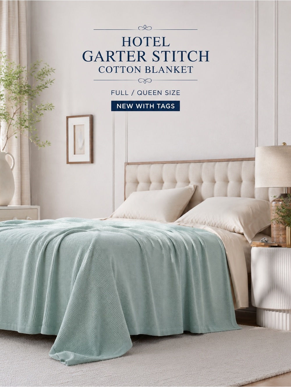 Legends Hotel Garter Stitch Cotton Blanket Full/Queen Cloud Blue NWT Retail $246